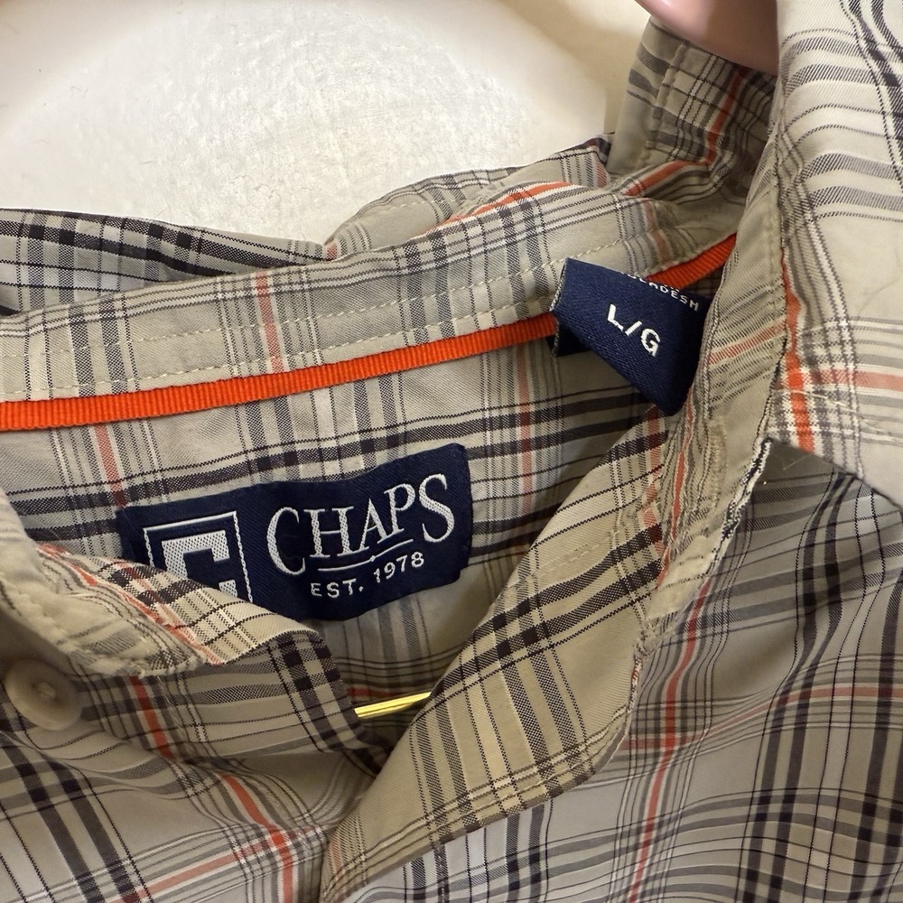 Chaps Mens L Long Sleeve Button Down Flannel Shirt Plaid Orange Black Gray - Picture 7 of 8